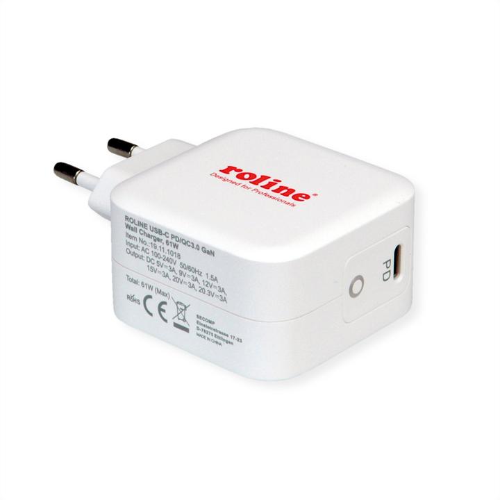 Produktbild Roline USB Charger mit Euro-Stecker, 1x USB Typ C Port, PD, 61W (61 W, 1 Port)