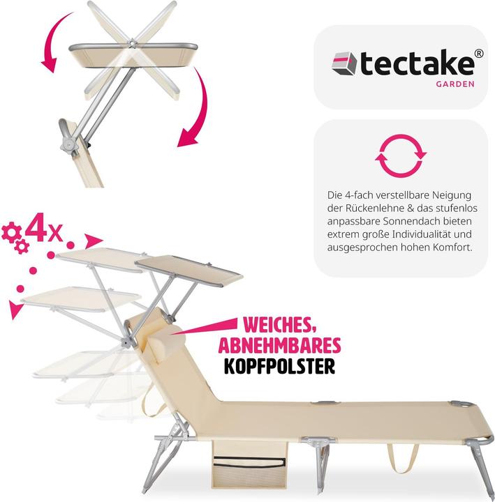 Image du produit tectake Bain de soleil Chloé 4 positions avec appui-tête et pochette (161 cm)