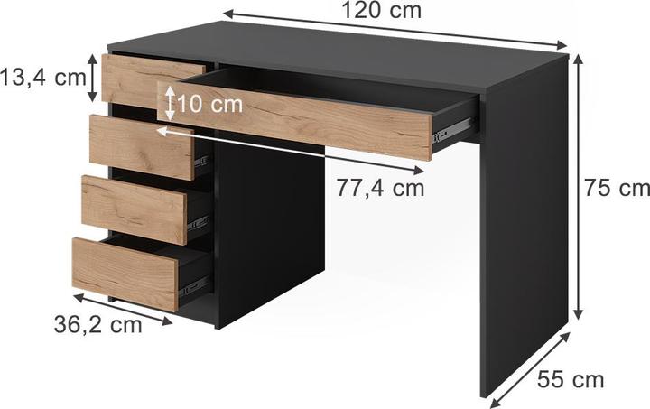 Produktbild Vicco Schreibtisch Sherry, Anthrazit/Goldkraft Eiche, 55 x 120 cm mit Schubladen (120 x 55 x 75 cm)