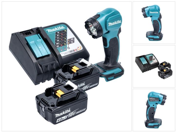 1x Makita DEADML 815 LED Akku Handleuchte, 2x Makita BL 1840 B 18 V 4,0 Ah Akku, 1x Makita DC 18 RC Ladegerät
