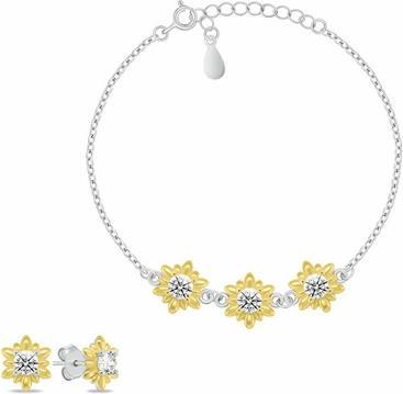 Brilio Silver - Floral bicolor jewelry set with zircons SET279WY (earrings. bracelet)