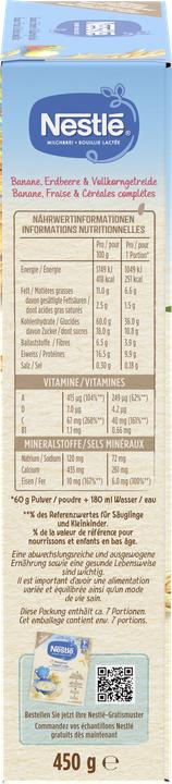 Valeurs nutritives et ingrédients Nestlé Bouillie lactée banane fraise & céréales complètes 8 mois pdr (450 g)