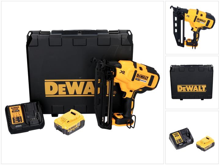 1x DeWalt case, 1x Dewalt DCB XR charger, 1x DeWalt DCN 660 cordless nailer, 1x Dewalt DCB 182 18V 4 Ah battery