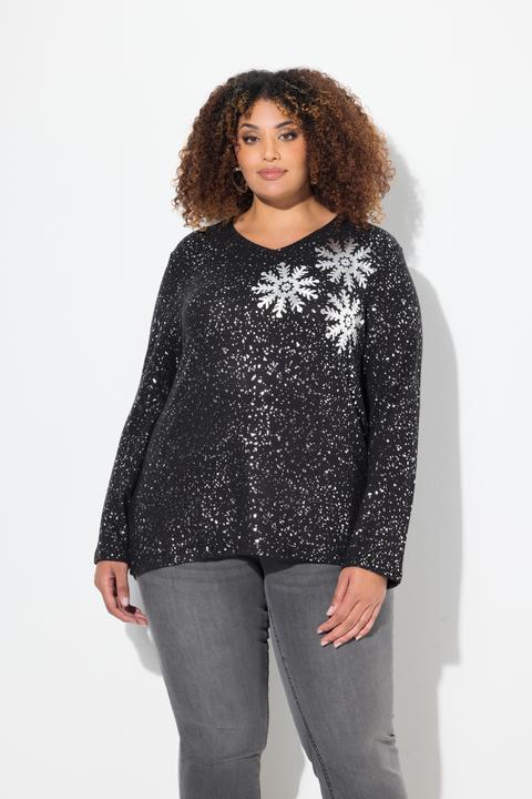 Produktbild Ulla Popken Sweatshirt, Schneeflocken, V-Ausschnitt, Langarm (50, 52)