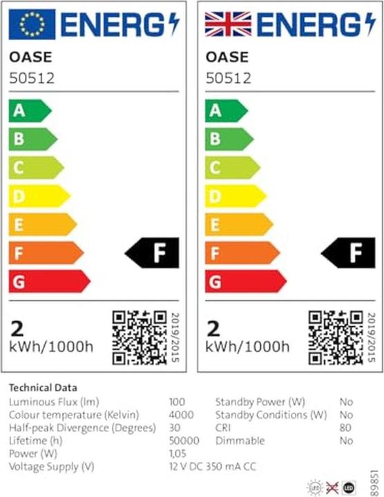 Etichetta energetica Oase 3 lampade esterne subacquee a LED con luce bianca neutra per laghetto, piscina e giardino