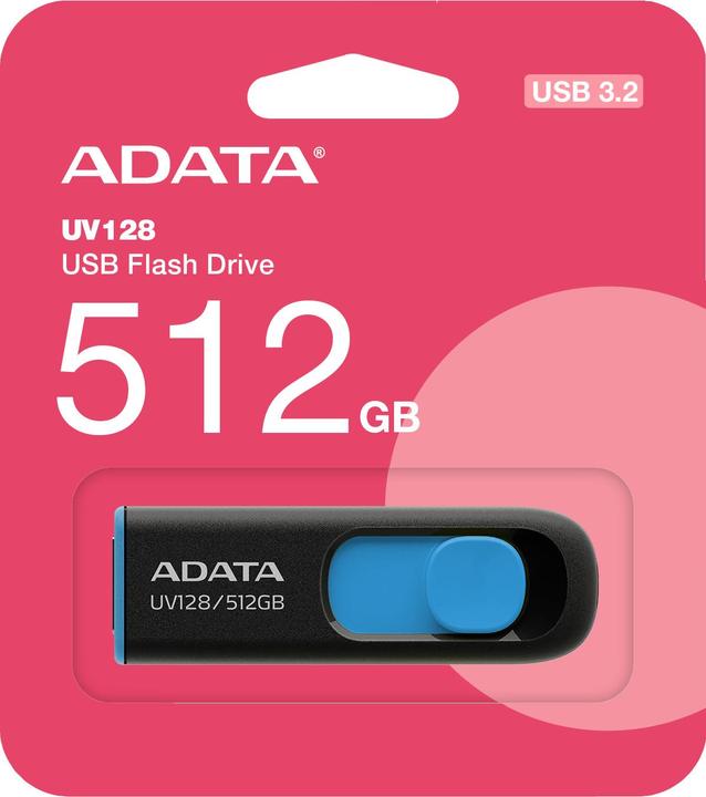 Actual product image Adata UV128 USB flash drive USB Type-A 3.2 Gen 1 (3.1 Gen 1) Black, Blue (512 GB, USB-A)