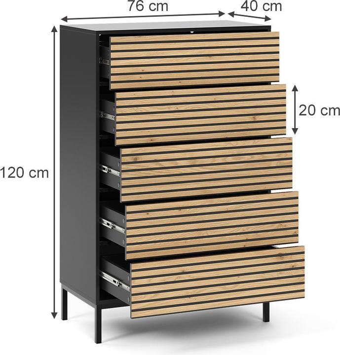 Image du produit Vicco Kommode Eliza, Schwarz/Eiche, 76 x 120 cm mit 5 Schubladen