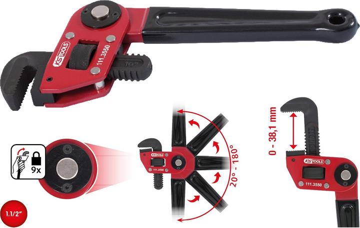Produktbild KS Tools Einhand-Rohrzange mit verstellbarem Kopf, Länge 250 mm, für Rohr-Ø 1.1/2" (250 mm)