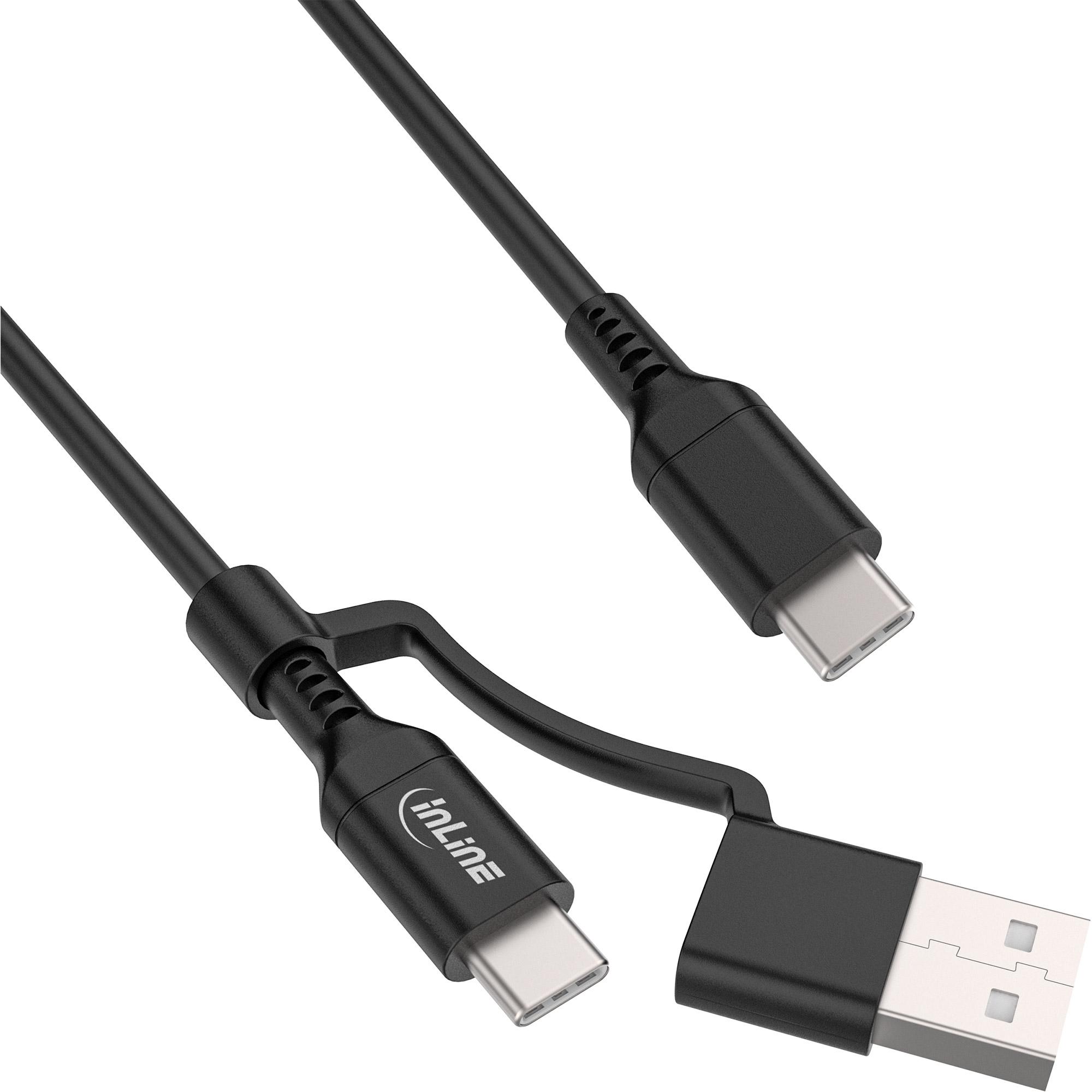 InLine 2-in-1 USB-C Kabel + USB-A Adapter, USB 2.0, 100W, TPE, schwarz, 1m (1 m, USB 2.0), USB Kabel