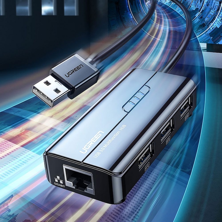 Produktbild Ugreen USB 2.0 Hub RJ45 Ethernet Adapter 3+1 Port USB 2.0-Hub Schwarz (USB-A, 3 Ports)