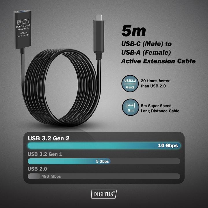 Actual product image Digitus Active USB 3.2 Gen2 10G extension cable, USB-C - USB-A, 5m (5 m, USB 3.2 Gen 2)