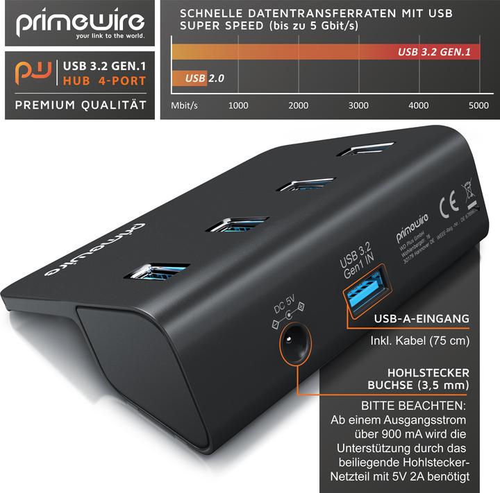 Produktbild Primewire 4 Port USB 3.2 Gen.1 Hub Aktiv, Verteiler mit Netzteil, USB 3.0 Datenhub Super Speed bis zu 5 Gbit/s (USB-A, 4 Ports)