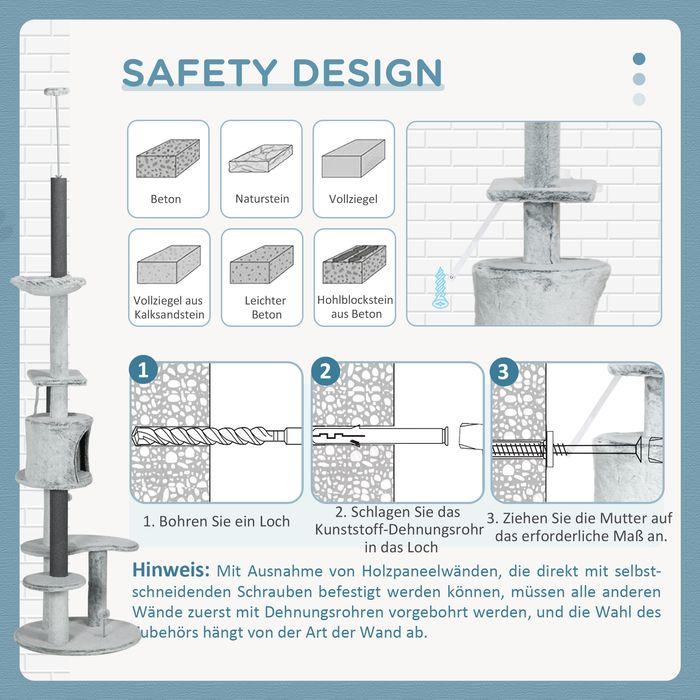 Actual product image Swisshandel24 Scratching post ceiling high, 225-255 cm with cat cave, scratching posts, basket, play ball, grey (Grey)