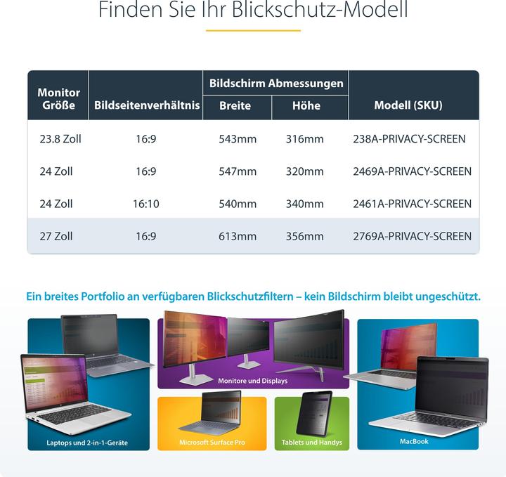 Produktbild StarTech COM 68,58cm 27Zoll 16:9 Computer Monitor Blickschutzfilter Hängefilter/Acrylfilter Sichschu (27", 16 : 9)