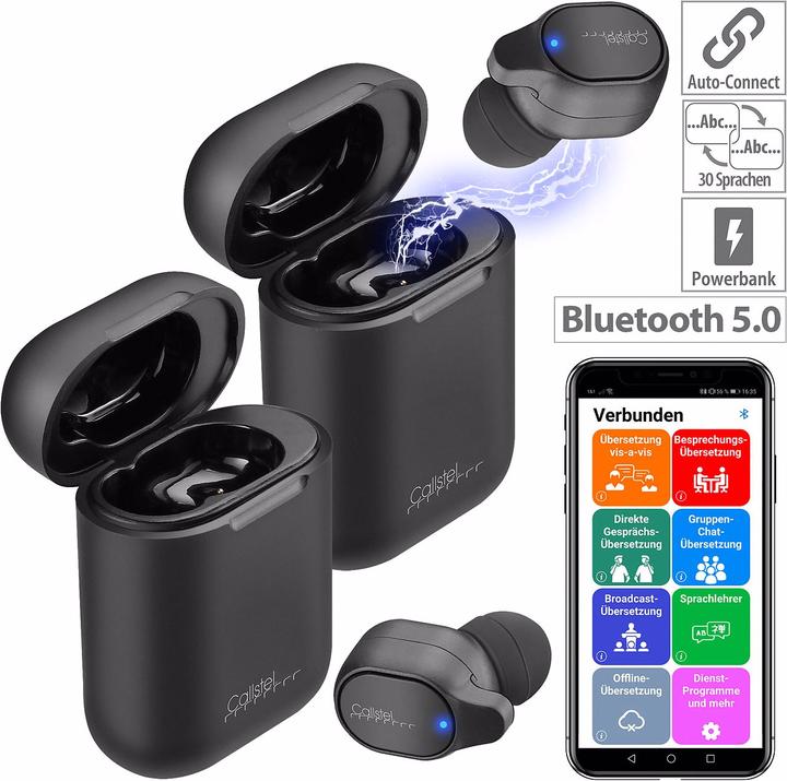 Produktbild Callstel 2er-Set 2in1-Live-Übersetzer mit In-Ear-Mono-Headset, Powerbank-Box & App (3 h, Kabellos)
