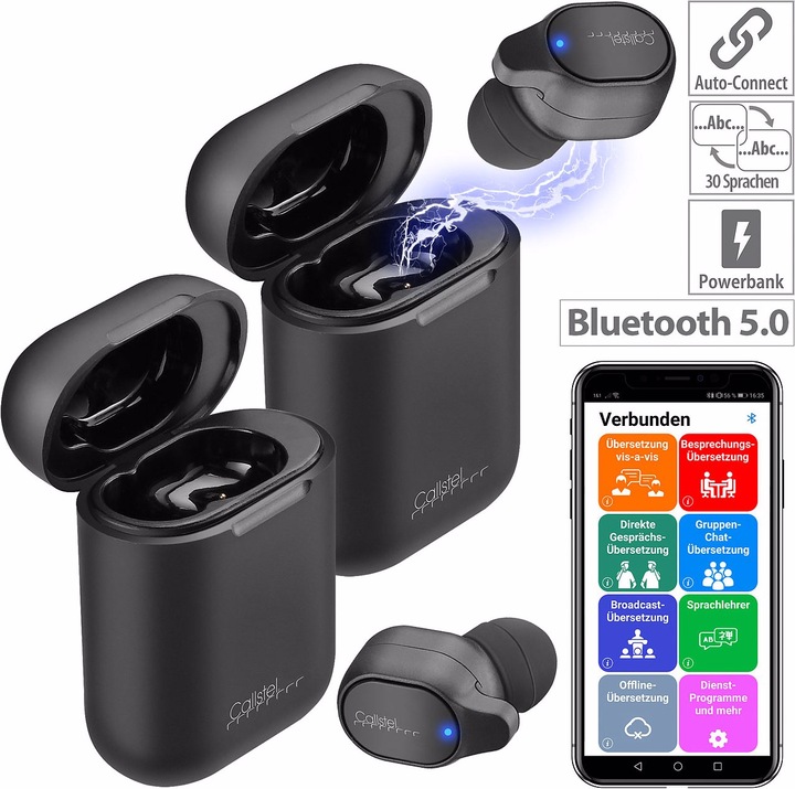 Produktbild Callstel 2er-Set 2in1-Live-Übersetzer mit In-Ear-Mono-Headset, Powerbank-Box & App (3 h, Kabellos)