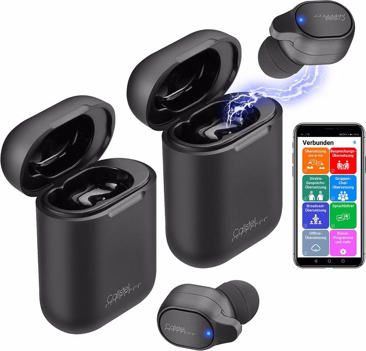 Callstel 2er-Set 2in1-Live-Übersetzer mit In-Ear-Mono-Headset, Powerbank-Box & App (3 h, Kabellos)