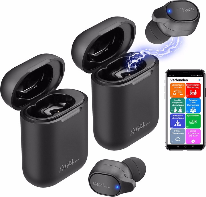 Callstel 2er-Set 2in1-Live-Übersetzer mit In-Ear-Mono-Headset, Powerbank-Box & App (3 h, Kabellos)