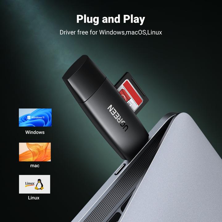 Immagine prodotto Ugreen CM304 Adattatore USB + USB-C Lettore di schede SD + microSD (nero) (USB-C)