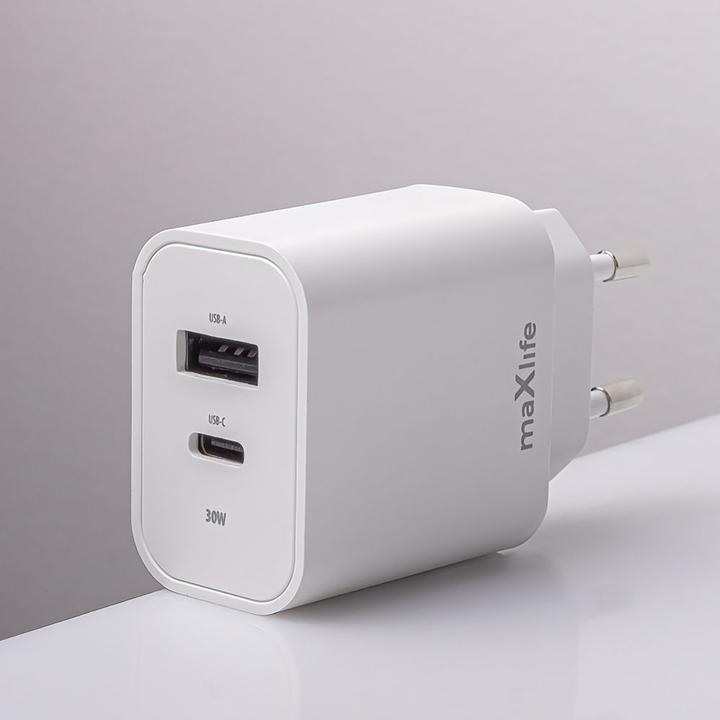 Immagine prodotto Maxlife MXTC-06 caricatore PD QC 1x USB-C 1x USB 30W bianco + cavo USB-C - USB-C 20W (30 W, 2 porte)