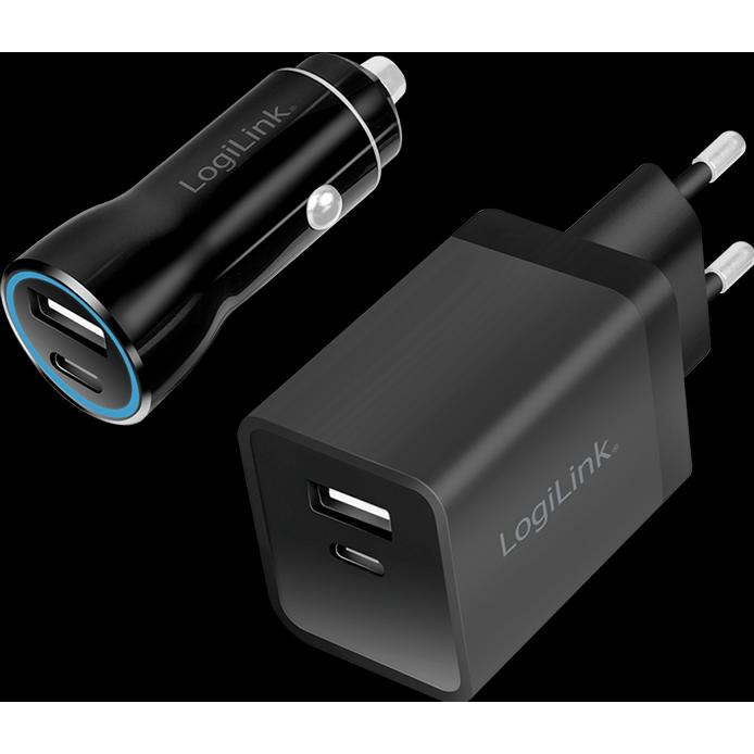 LogiLink USB-Ladeadapter-Set, Auto & AC, USB-C/F + USB-A/F, 5 V/15 W, schwarz, Auto Adapter, Schwarz