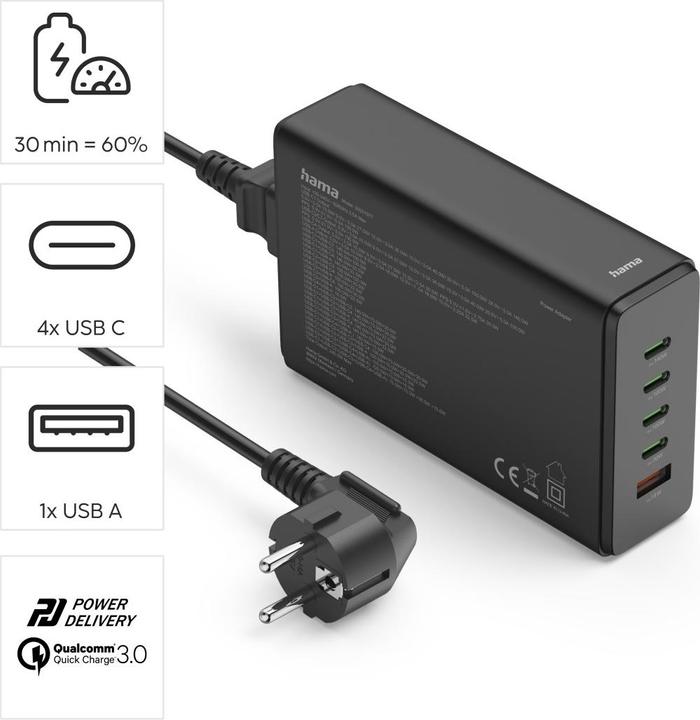 Produktbild Hama Ladestation 5 Ports, GaN, Schnellladegerät, 4xUSB-C, 1xUSB-A, PD, 240 W, SW (240 W, 5 Ports)