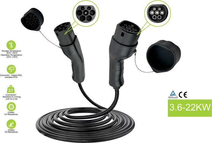 Immagine prodotto Helos Cavo di ricarica per auto elettriche, tipo 2, TÜV, trifase, 32 A, 22 kW, 5m (Tipo 2, 22 kW, 32 A, 5 m)