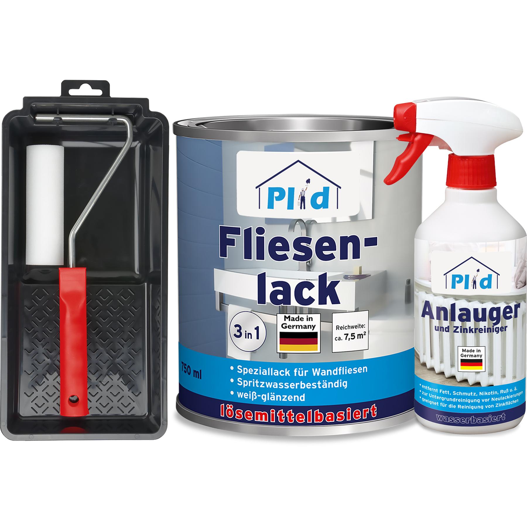 Plid, Lack, Fliesenlack Set 0,75l Weiss glänzend, für ca. 8m² / Lackierset + 0,5l Anlauger (Weiss, 0.75 l)
