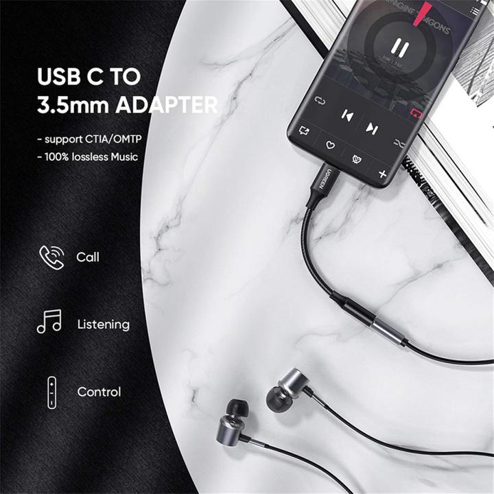 Actual product image Ugreen - Audio Cable Adapter AV142 (70858) - Type-C to Jack 3.5mm, 10cm - Black (Jack adapter)