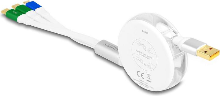 Immagine prodotto Delock Cavo di ricarica retrattile USB 7,60 cm (3"") 1 Type-A a Micro USB / 2 x USB Type-C™ con funzione (1.13 m, USB 2.0, 10 W)