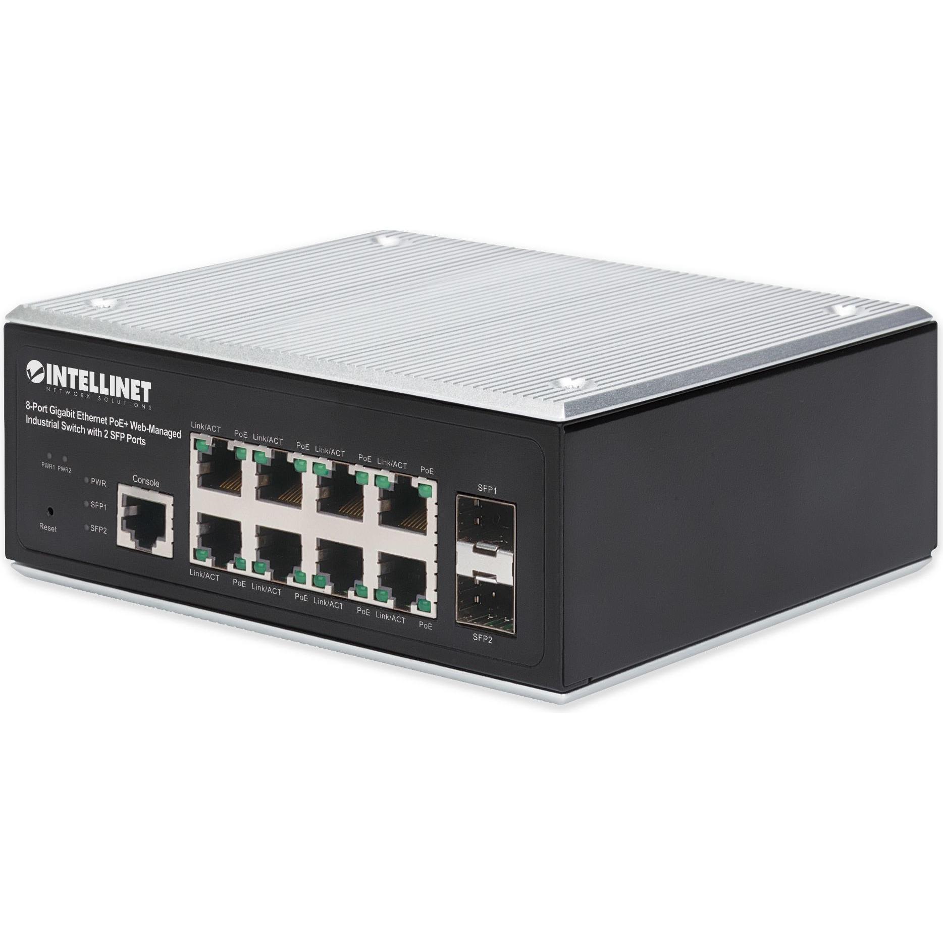 Intellinet 8-Port Gigabit Ethernet PoE+ Web-Managed Industrie-Switch mit 2 SFP-Ports (8 Ports), Netzwerk Switch, Schwarz