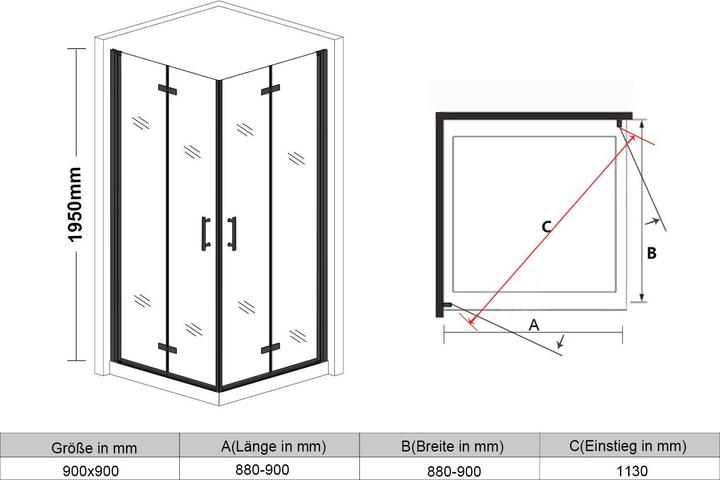 Image du produit SONNI Falttür, Duschabtrennung, Eckeinstieg, Duschkabine, 90 x 90 cm, schwarz, 6 mm, Glas, 180 Grad (90 cm, 90 cm, 195 cm)