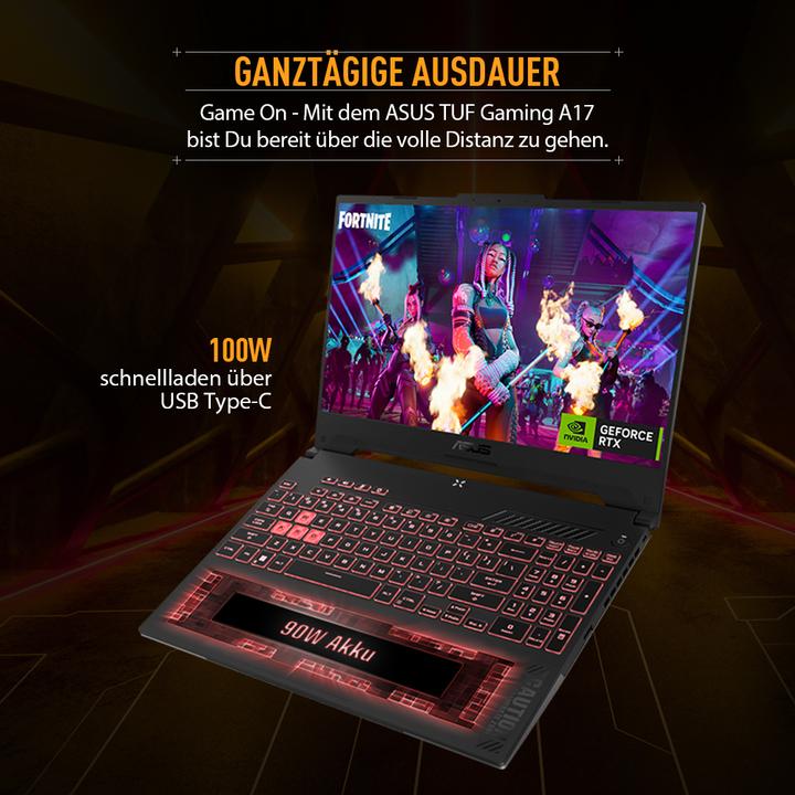 Image du produit ASUS TUF Gaming A17 RTX 4050 (17.30", 512 Go, 16 Go, DE, AMD Ryzen 7 7735HS)