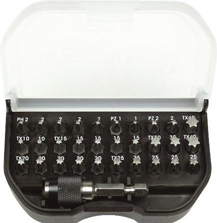 Actual product image Areco TECOS bit set with 31 parts in black boxTorx, Pozidriv and Phillips notchQuick-release magna