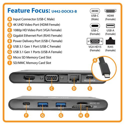 Actual product image Eaton USB-C Dock 4K HDMI VGA USB 3.2 Gen 1 USB-A/C Hub GbEemory Card 100W PD Charging (USB-C)