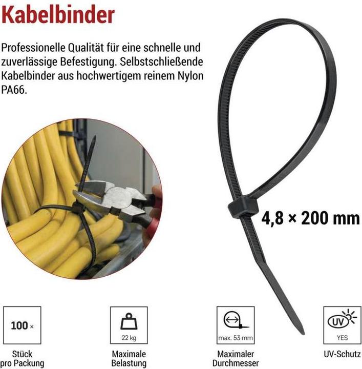 Actual product image Emos Cable tie 200×4,8, black, 100 pcs (200 mm, 100 pcs.)