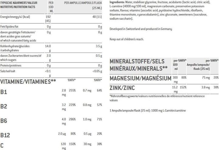 Nutritional values and ingredients Sponser L- Carnitin 1000 (Peach, 30 x)