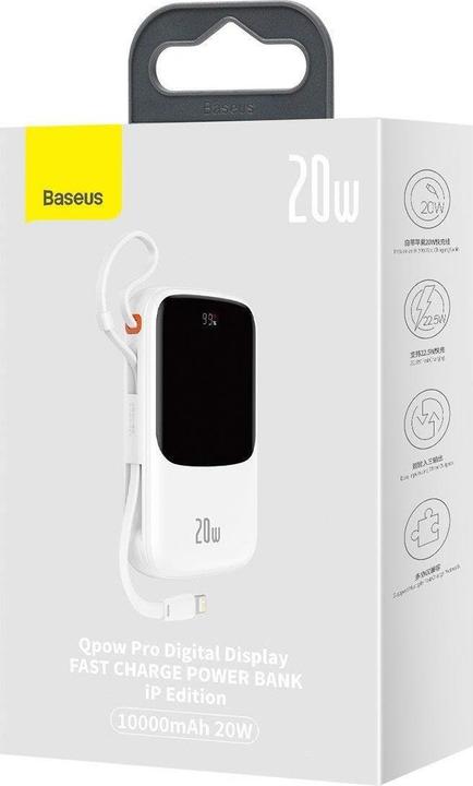 Productafbeelding Baseus Powerbank Qpow PRO met kabel, USB-C, 2xUSB, 10000mAh, 20W (Wit) (10000 mAh, 20 W, 37 Wh)