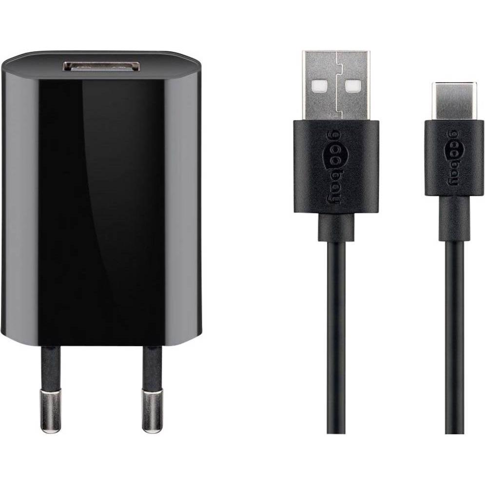 Goobay USB-A Ladegerät Slim mit USB-C Kabel (5 W), USB Ladegerät, Schwarz