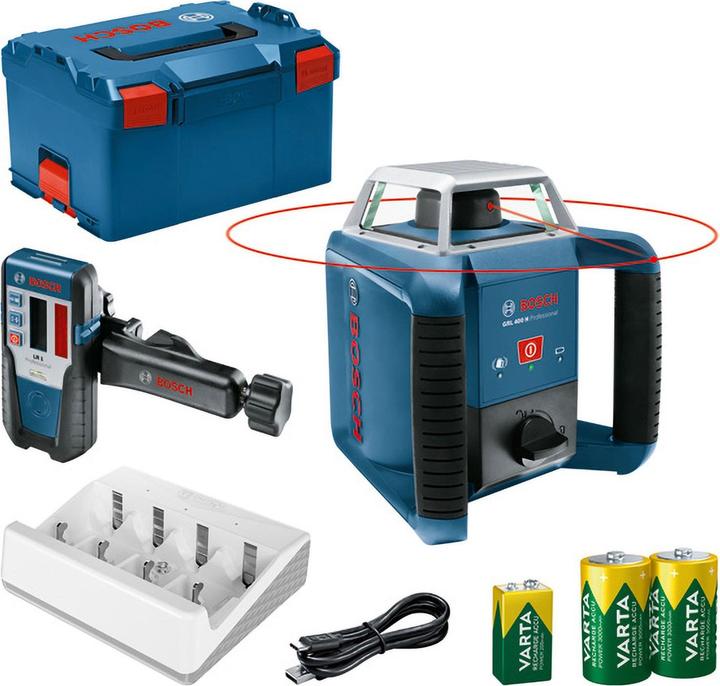 Laser rotante GRL 400 H, ricevitore laser LR 1 Professional, staffa, L-BOXX 238, 2 x batteria ricaricabile 1.2V HR20 (D) VARTA, 1 x batteria ricaricabile 9V 7HR9V VARTA, 1 x caricatore VARTA
