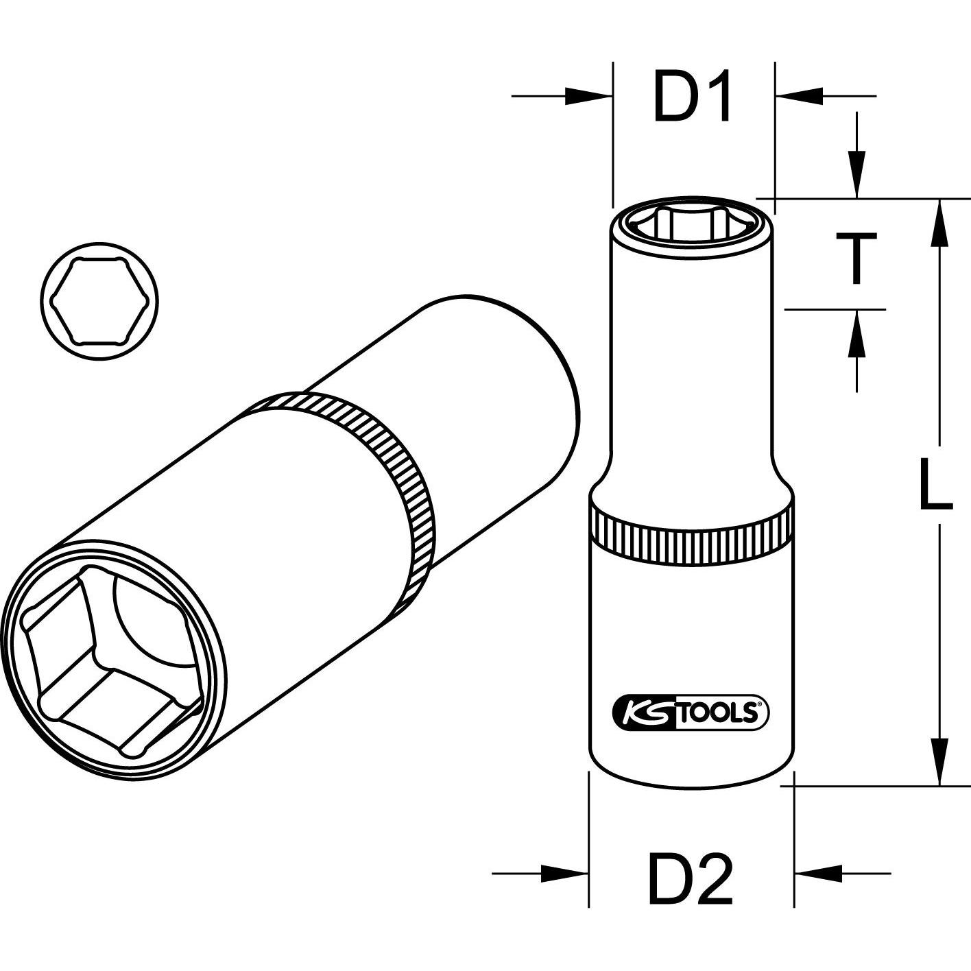Thumbnail - KS Tools, Steckschlüssel + Stecknuss, 3/8" Sechskant-Stecknuss lang (14 mm)