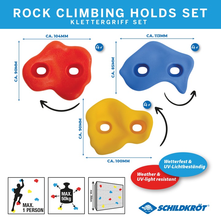 Immagine prodotto MTS Sacche per arrampicata per bambini Schildkröt®, 12 prese per il bouldering in 3 forme diverse. (Multicolore)