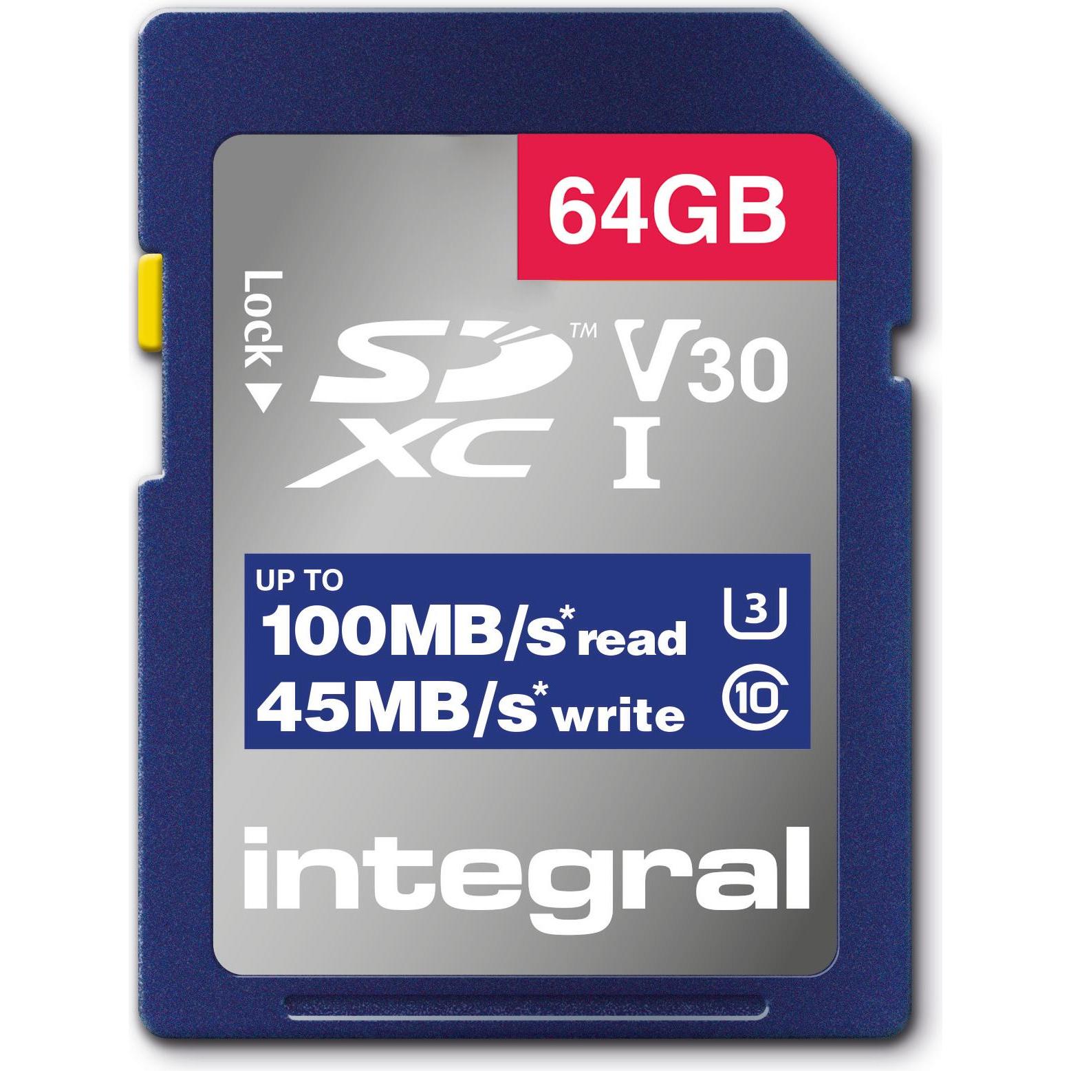 Integral INSDX64G-100V30 64GB SD CARD SDXC UHS-1 U3 CL10 V30 FINO A 100MB IN LETTURA 45MB IN SCRITTURA UHS-I (64 GB, SD, U3, UHS-I), Scheda di memoria