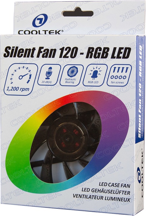 Produktbild Cooltek Silent Fan 120 RGB, 1200 U/Min, 20 dBA 3-pin + 4-pin RGB (120 mm, 1 x)