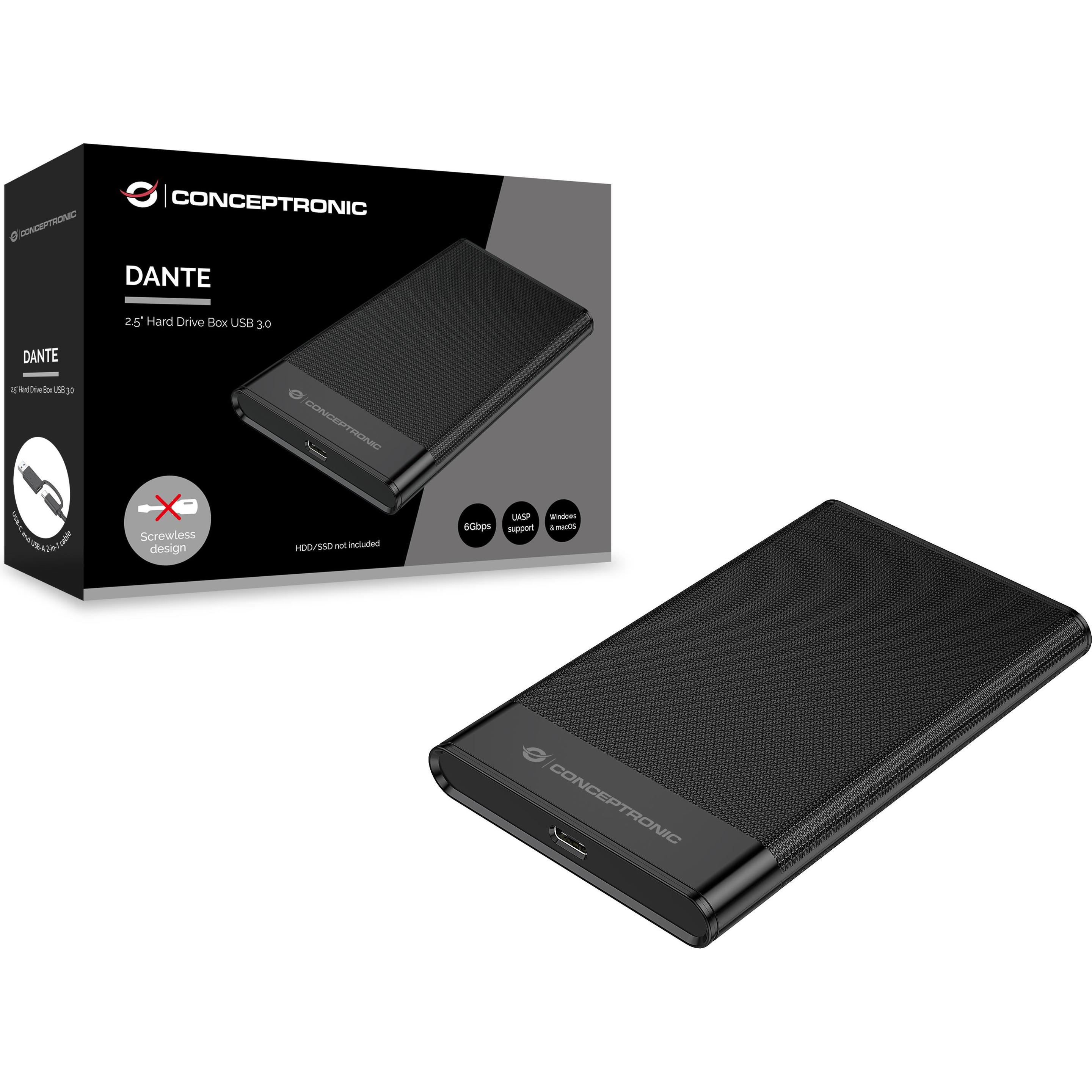 Conceptronic HDD Gehäuse 2.5" SATA I-III HDD/SSD USB-A &-C (2.5"), Festplattengehäuse, Schwarz