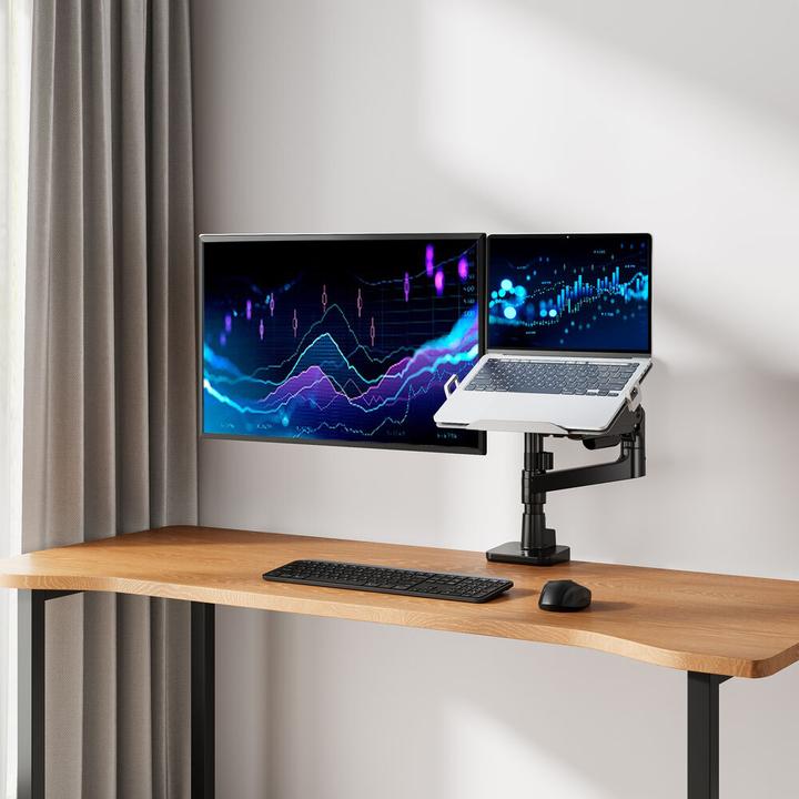 Image du produit ACT Bras simple pour écran et ordinateur portable Office premium, avec vérin à gaz, monté sur pied (Tables, 49")