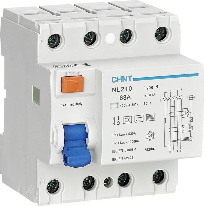 Produktbild Chint 782007 NL210 3PN 63A 100mA B 10kA FI-Schutzschalter B/10 kA 3polig 63A 0.1A 415V