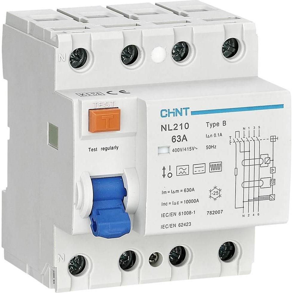 Thumbnail - Chint 782007 NL210 3PN 63A 100mA B 10kA FI-Schutzschalter B/10 kA 3polig 63A 0.1A 415V, Relais