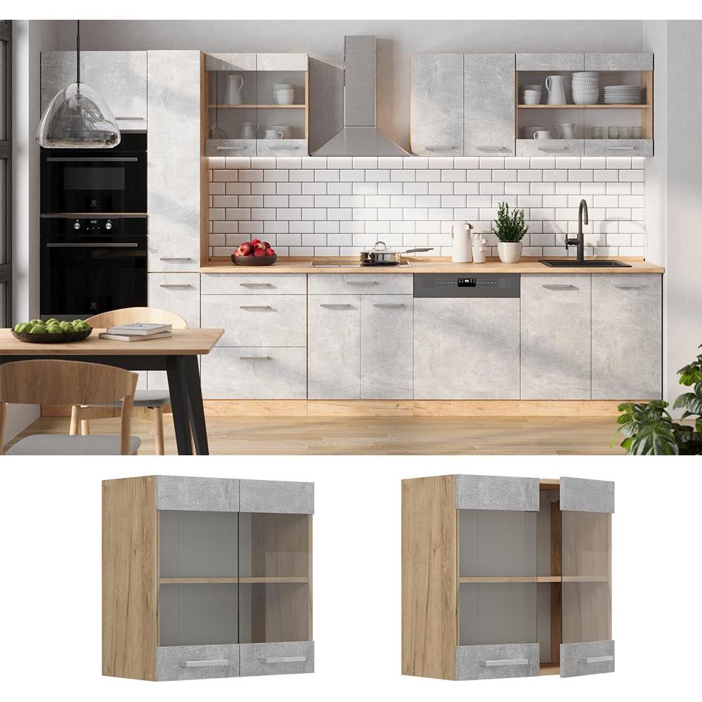 Thumbnail - Vicco, Regal, Küchenglashängeschrank R-Line, Beton/Goldkraft Eiche, 60 cm (60 x 60 x 31 cm)