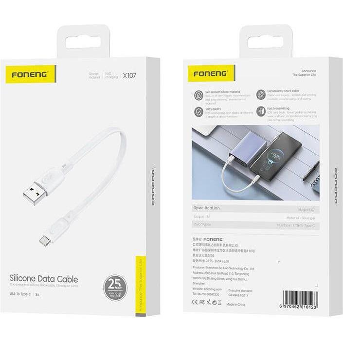 Thumbnail - Foneng USB-A - USB-C cable X107 3A, 0.25m (white) (0.25 m, USB 3.0), USB Kabel